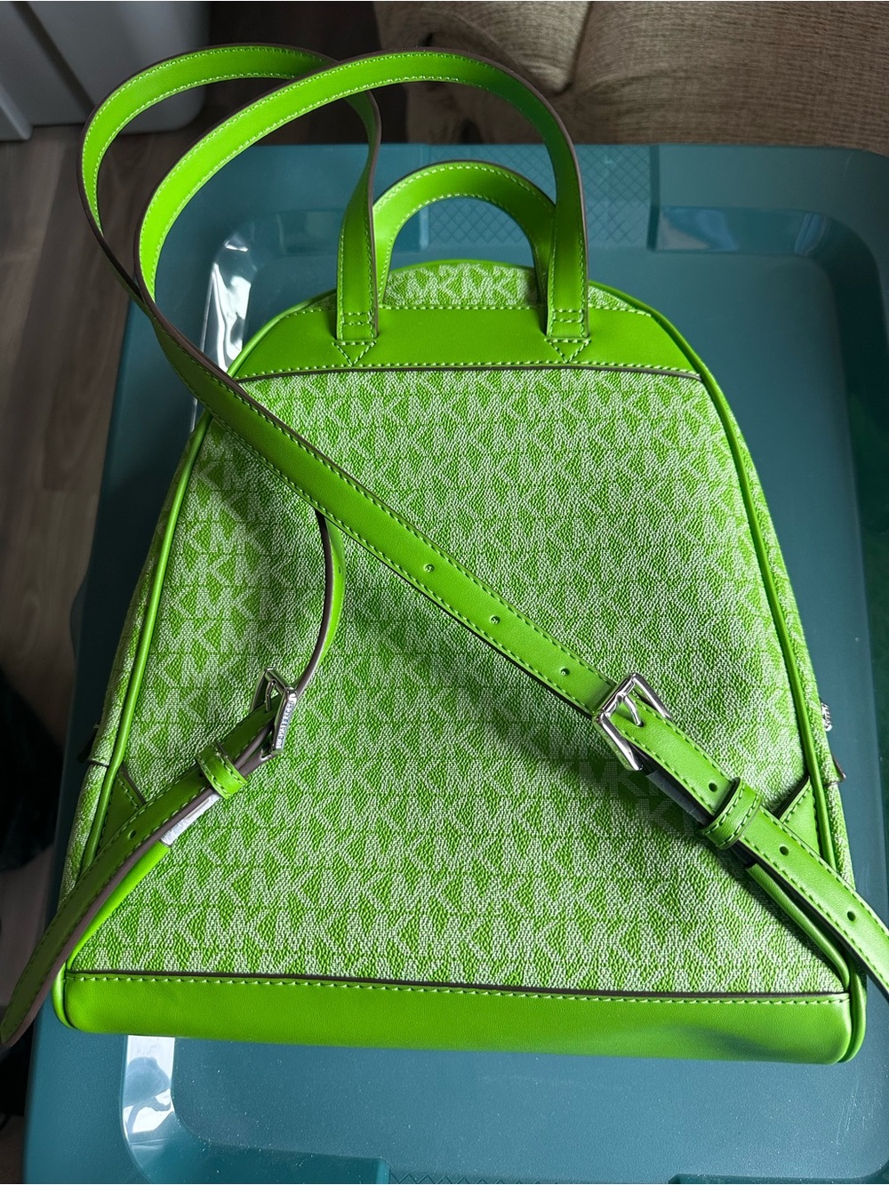 Michael Kors Neon Lime Monogram Backpack - Picture 2 of 3